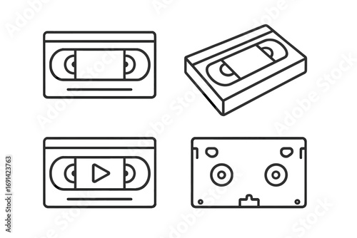 Modern video tape cassette outline icons set for design, cards, apps, social networks, vector cartoon illustration with transparent background, ordered collection