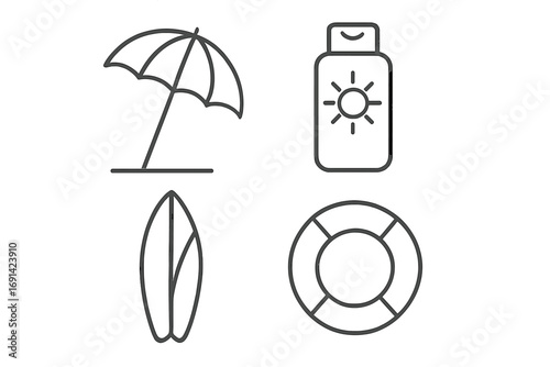 Summer beach vacation icon set. Thin line art collection with umbrella, sunscreen, surfboard, lifebuoy. Minimalist outline vector symbols for web, apps, and travel design.