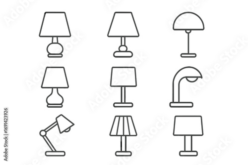 Table desk lamp icon set. Line art collection of various lights. Vector illustration with editable stroke. Thin outline signs for home decor, furniture, lighting concept.