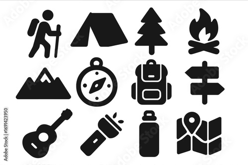 Camping and hiking solid icon set for adventure and travel. Outdoor exploration symbols collection. Includes tent, campfire, mountain, compass, and backpack icons. Vector glyph pack.