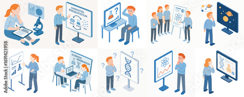 Isometric Illustration Set of Students and Scientists in Science Education