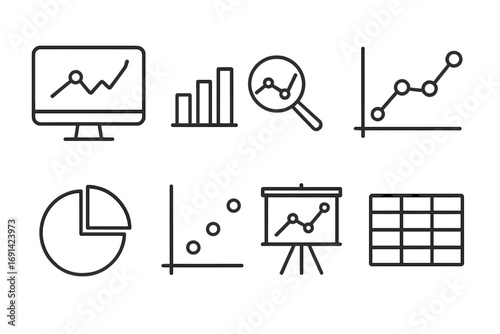 Data analytics line icon set. Business intelligence and statistics symbols. Vector icons for data visualization, chart, graph, table, report, and analysis. Outline style.