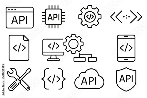API application programming interface vector line icon set. Software development, coding, and web integration symbols. Icons for app, mobile, cloud, security, and tools.
