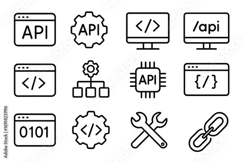 API software development outline icon set. Technology, interface, and tool icons. Vector line symbols for web, coding, programming, integration, application, and system.