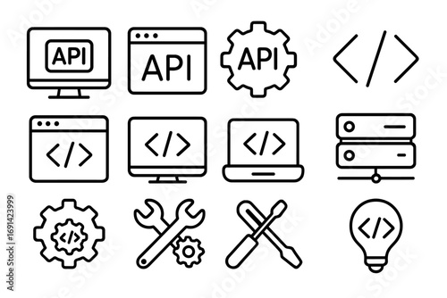 API software development outline icon set. Programming, coding, and web developer tool icons. Application programming interface, server, and code symbols for technology. Vector.