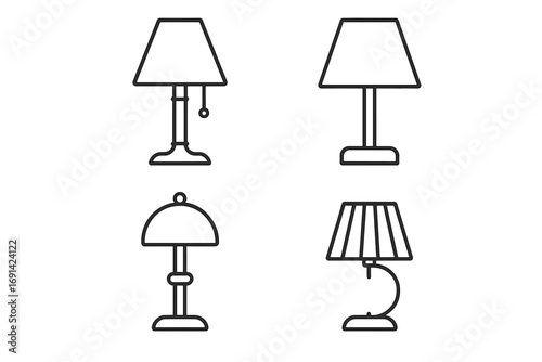 Table lamp thin line icon collection. Editable stroke vector set for web, apps. Home decor, interior design lighting elements. Desk lamp, nightstand light symbols. Modern furniture.