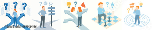 Flat Design Confused Business People Facing Multiple Choices Illustration Set