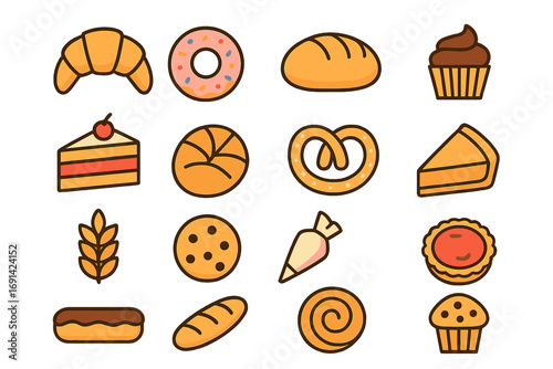 Bakery pastry flat icon set. Dessert food, confectionery icons. Vector cartoon collection of bread, cake, donut, pie, cookie, croissant, pretzel, cupcake, muffin.