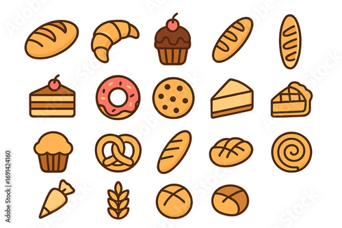 Bakery pastry icon collection. Dessert confectionery flat cartoon set. Vector bread, cake, donut, croissant, pie, pretzel and cookie graphic elements for baking and food.