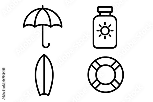 Summer beach vacation line icon set. Collection of thin line icons for umbrella, sunscreen, surfboard, and lifebuoy. Vector symbols for apps, websites, and infographics.