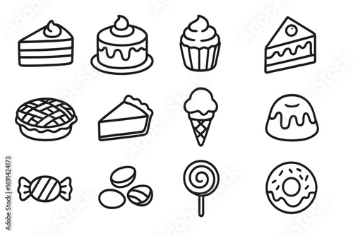Bakery and dessert line icon set. Sweet food and pastry outline collection with cake, pie, cupcake, ice cream, donut, and candy. Confectionery vector cartoon symbols.