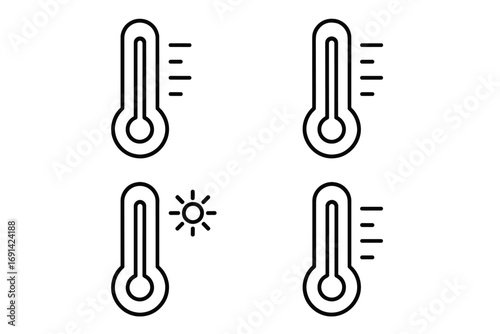 Thermometer icon set for temperature. Vector line art collection of weather symbols. Hot sun and cold climate measurement signs. Forecast outline pictogram for web and app.