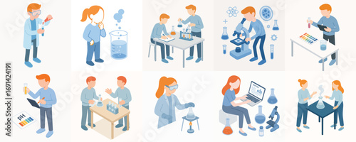 Handdrawn Outline Isometric Science Student Doing Research and Study Illustration Set
