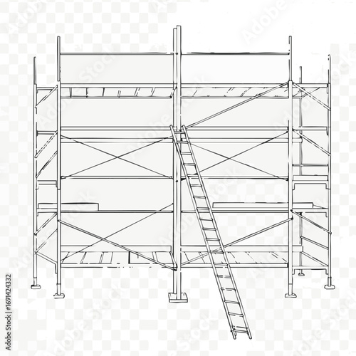 An intricate line drawing depicts a robust multi-tiered scaffolding structure, complete with an access ladder, symbolizing vital temporary equipment for diverse construction and architectural