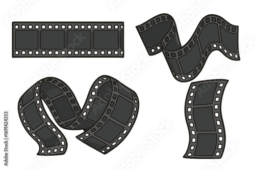 Set of classic film strips vector illustration. Collection of retro movie and cinema negative reel elements. Vintage photography celluloid tape design in various shapes.