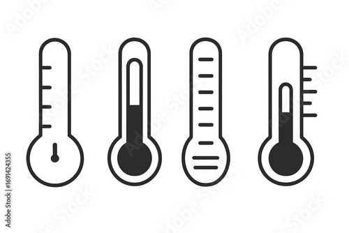Thermometer vector line icon set. Temperature measurement symbol. Weather, meteorology, heat, and cold climate concept. Medical fever pictogram for apps. Isolated graphic.