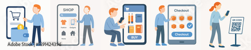 Flat Style Illustration of People Doing Mobile Online Shopping and Payment