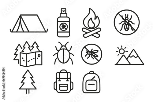 Camping and hiking outline icon set. Outdoor adventure, nature travel symbols. Vector collection with tent, campfire, map, backpack, mountains, and insect repellent icons.