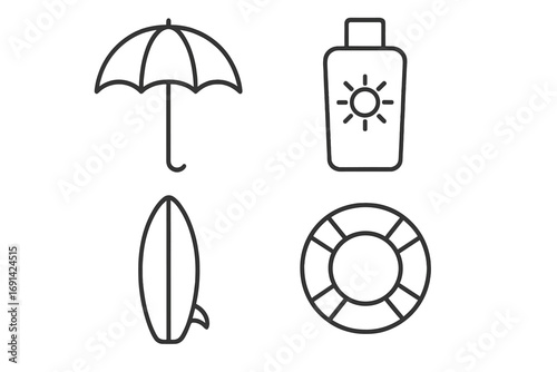 Beach summer vacation icon pack. Line art collection of umbrella, sunscreen, surfboard, lifebuoy. Sun protection and water safety concept. Minimal vector symbols for web design.
