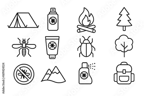 Camping outline icon set for hiking adventure. Insect repellent, mosquito spray and pest control symbols. Outdoor nature equipment, tent, campfire, backpack vector graphics.