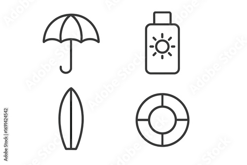 Beach summer vacation icon set. Outline symbols of umbrella, sunscreen, surfboard, lifebuoy. Line art vector graphic for sun protection, water safety, travel, holiday.