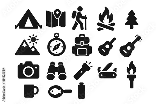 Wallpaper Mural Camping and outdoor solid icon set. Adventure, travel, and hiking collection. Vector glyph symbols for tourism, trekking, and exploration. Gear for nature survival. Torontodigital.ca