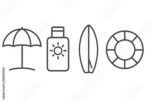 Summer beach vacation icon set with thin line symbols. Collection of outline icons including umbrella, sunscreen, surfboard, and lifebuoy for web and mobile apps design.