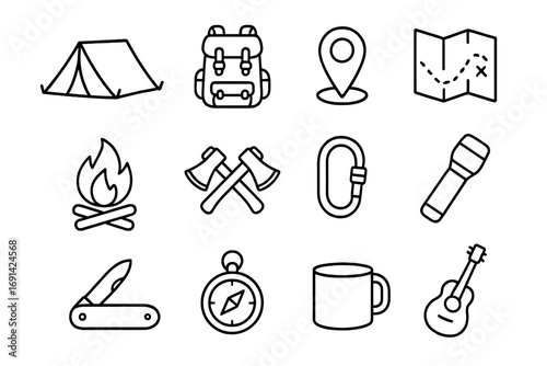 Camping and hiking icon set. Outdoor adventure and survival equipment collection. Line art vector icons for tourism and travel. Includes tent, backpack, map, compass, and campfire.