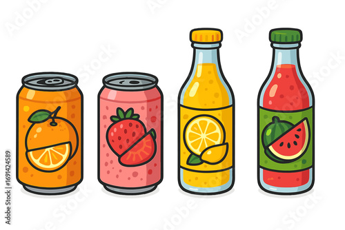 Fruit juice soda set vector illustration. Colorful beverage can and bottle collection with orange, strawberry, lemon, watermelon flavors. Cartoon drink icon pack for menu.