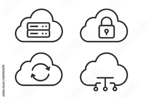 Cloud computing outline icon set. Line art vector icons for data server, network security, file sync, and connection. Technology and business cartoon illustration.