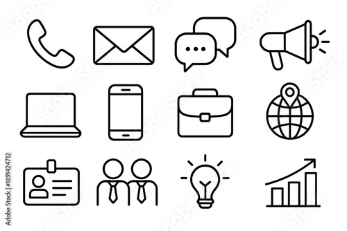 Business communication icon set. Office work, contact us, marketing, and corporate growth linear symbols. Phone, email, chat, global, team, idea, and success pictograms.