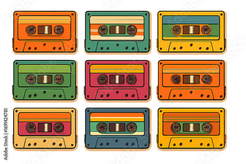 Colorful cassette tapes grid showcasing retro music from the 1980s and 1990s. Vintage style vector cartoon illustration. Analog audio tape, old school pop culture music set.