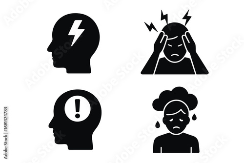Mental health solid icon set. Stress management, conflict and emotion symbols. Vector illustration includes headache, anxiety, depression, burnout, and problem solving.