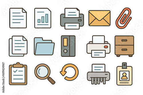 Office essentials and document management icon set. Business files, printing, and administration symbols. Vector collection for web and UI design, workflow, and analytics.