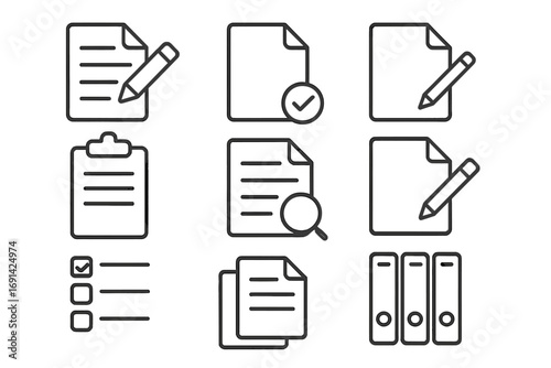 Document editing linear icon set. File management and office workflow symbols. Outline vector icons for business, including checklist, search, archive binders, and approved files.