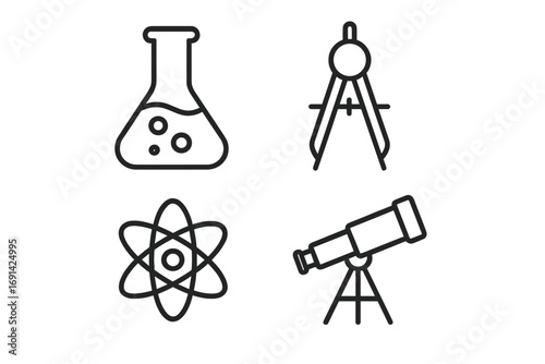 Science and education line icon set. Collection of vector symbols for physics, chemistry, astronomy, and math. Contains atom, telescope, laboratory flask, and geometry compass.