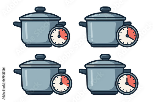 Cooking time concept with pot and timer icon set. Meal preparation, boiling and food recipe instructions. Kitchen timer, stopwatch or clock for countdown. Vector flat design.