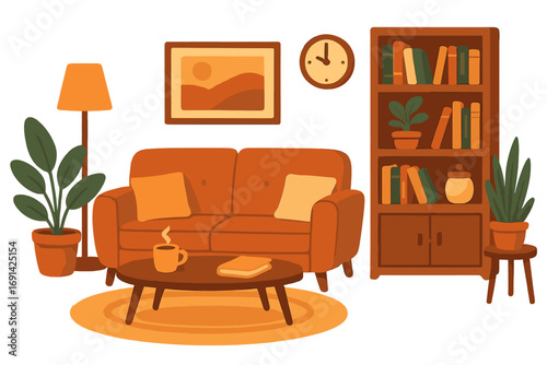 Cozy living room interior with modern furniture. Vector cartoon illustration of a comfortable home scene with sofa, bookshelf, plants. Flat design home decor concept.