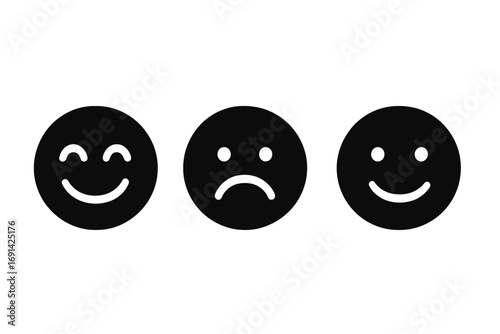 Feedback emoji silhouette icon set. Happy, sad, and smiling faces. Customer satisfaction rating scale concept. Mood, emotion, and feeling evaluation. Simple vector illustration.