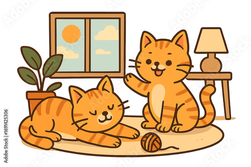 Two cute orange tabby cats in a cozy home. Playful and relaxed pet kittens. Vector cartoon illustration of domestic animal characters enjoying a sunny day indoors together.