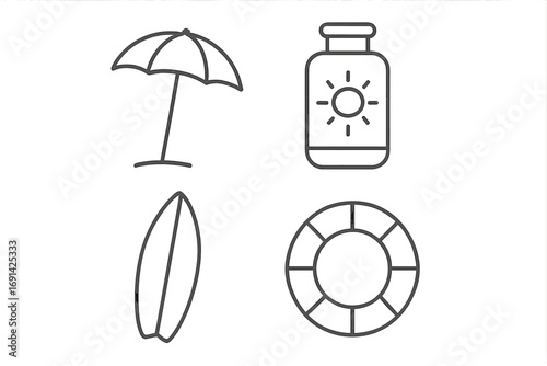 Summer beach vacation thin line icon set. Vector collection of outline signs. Umbrella, sunscreen, surfboard, lifebuoy. For web, app, infographics, travel, safety concept.
