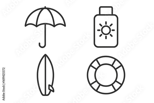 Summer beach vacation line icon set. Vector symbols for sun protection, water safety, surfing. Outline collection of umbrella, sunscreen, surfboard, and lifebuoy pictograms.
