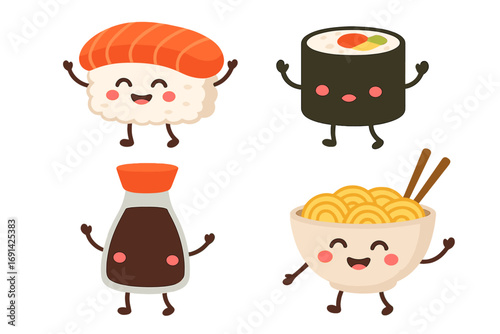 Cute sushi characters set. Kawaii Japanese food mascot collection. Happy nigiri, maki roll, ramen and soy sauce. Cartoon vector icon for asian restaurant menu. Isolated.