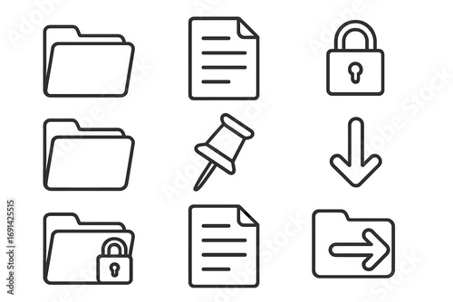 File management outline icon set for UI and UX. Collection of linear symbols like folder, document, security lock, pin, download arrow, and data transfer for web design.