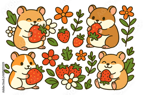 Set of cute cartoon hamsters with strawberries and flowers. Kawaii vector character illustration collection. Cheerful rodent pets enjoying summer fruit. Flat design elements.
