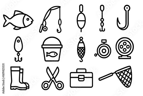 Fishing line icon set. Angling equipment, tools and tackle collection. Fisherman hobby gear outline icons. Rod, reel, lure, hook, bait, net and fish vector symbols.