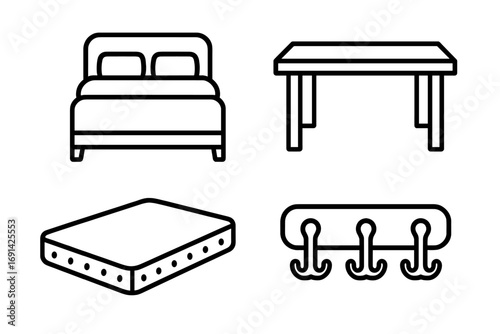 Furniture icon set with bed, table, mattress, coat hook. Simple line art for home decor and interior design. Outline pictogram symbols for web, mobile app, and print.