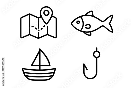 Fishing and navigation icon set. Line art vector symbols for travel, hobby. Outline pictogram collection of fish, boat, map with location pin, route, and hook for bait fishing.