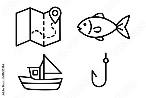 Fishing and navigation icon set. Simple line art collection with map, location pin, fish, sailboat, and hook. Vector outline pictogram for travel, hobby or adventure.