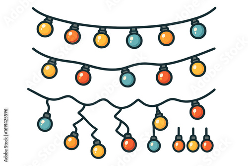 Christmas lights string set. Colorful festive party garland collection. Tangled fairy lights for decoration. Holiday celebration outdoor event decor. Vector cartoon bulbs.